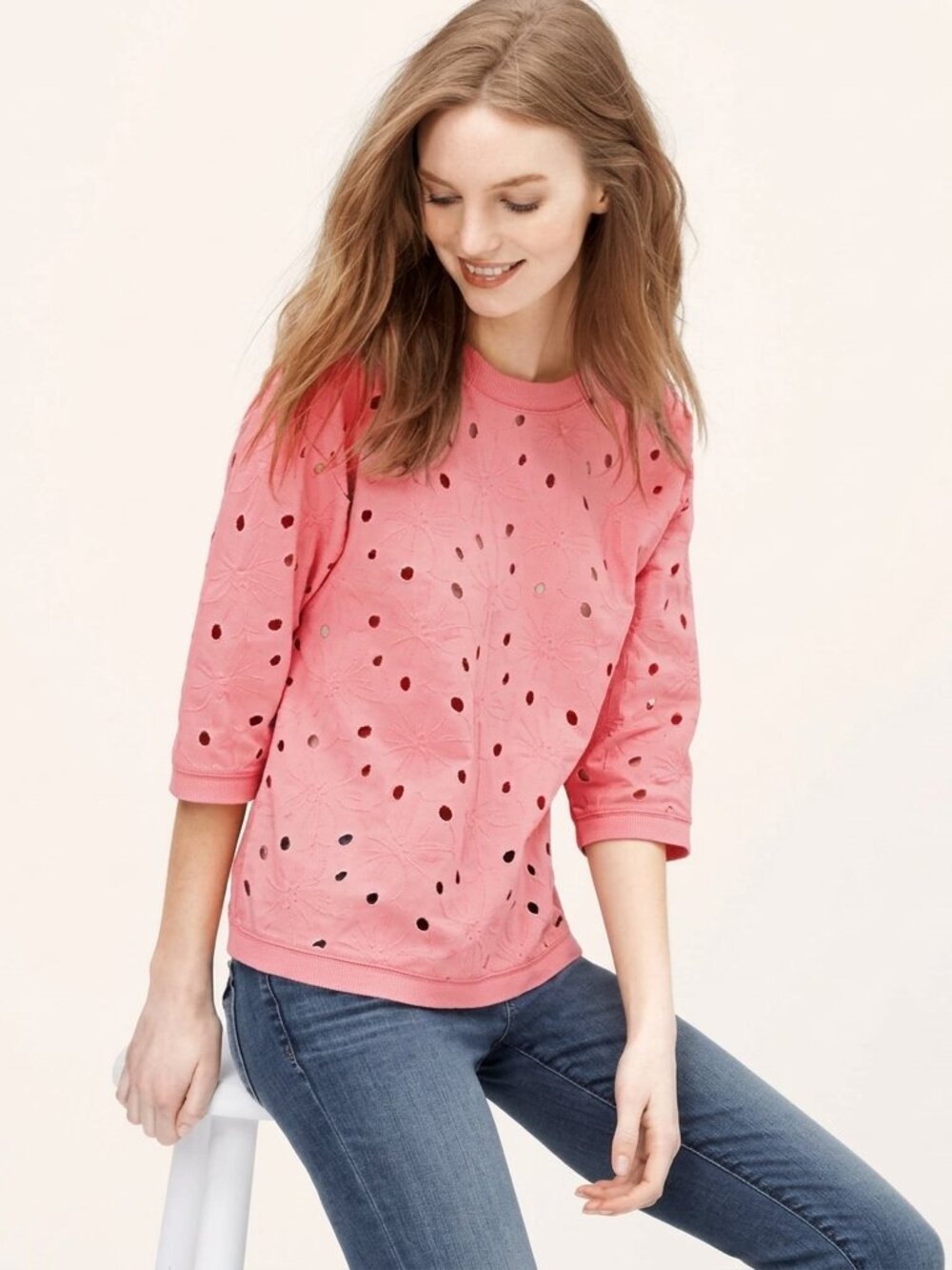 LOFT Pink Top 3/4 Sleeve Pink Floral Embroidered Mixed Media Petite Size SP